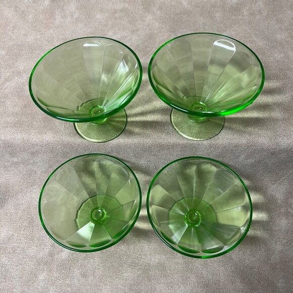 Vintage Federal Uranium Green Depression Glass Sherbets Dessert 4 Ribbed Optic - Picture 6 of 8